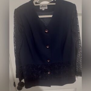 Vintage Navy Blue Blazer with Embroidered Sheer Sleeves Size 14